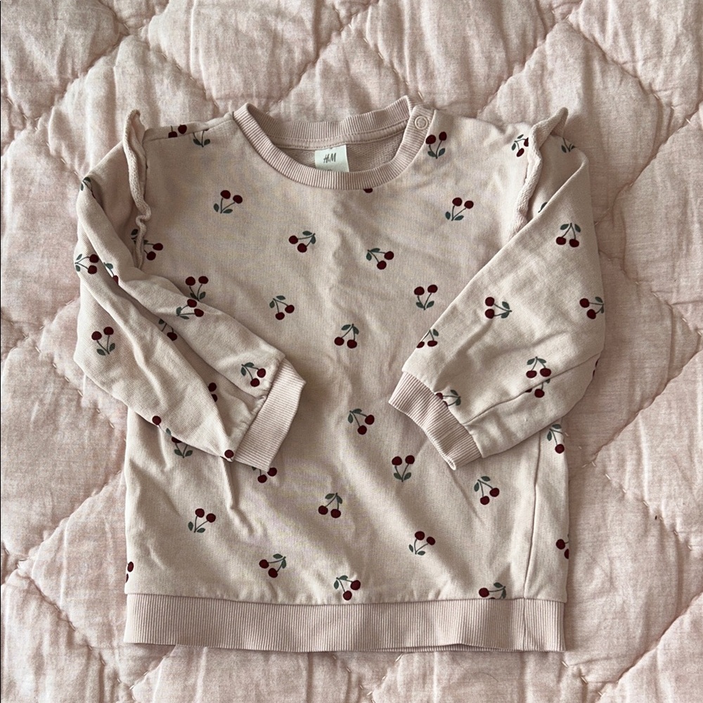 H&M Light Pink Cherry Patterned Toddler 2T Sweatshirt with Ruffle Detail